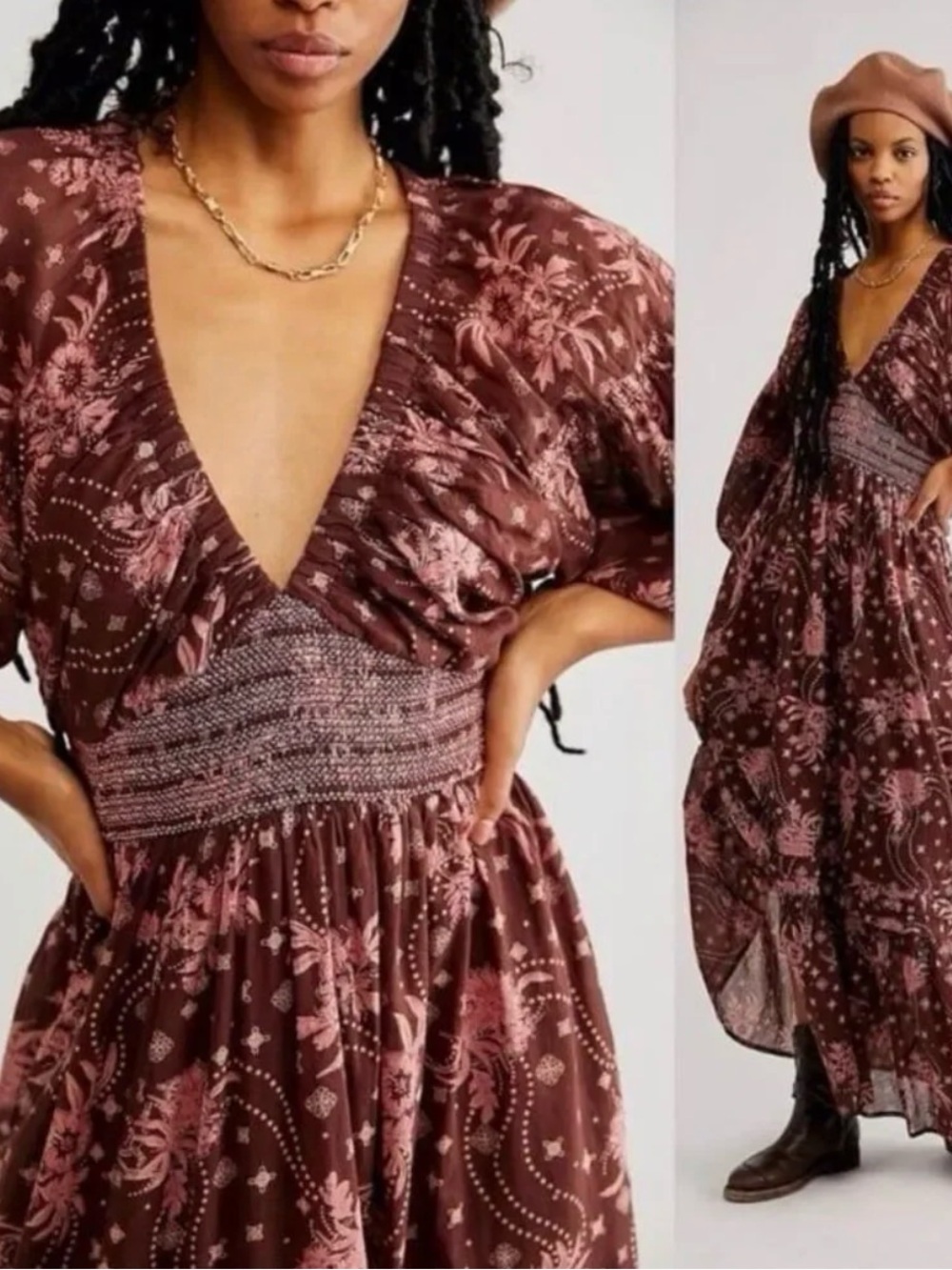 Free People Golden Hour Maxi Dress Brown / Pink Floral